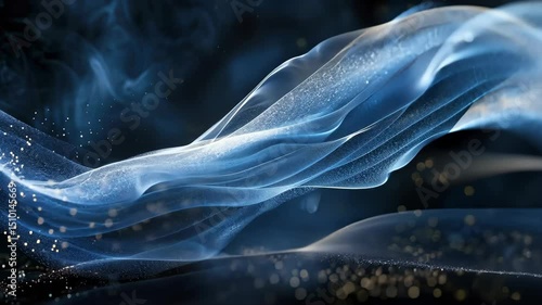 Abstract swirling blue and white translucent fabric-like forms with golden particles