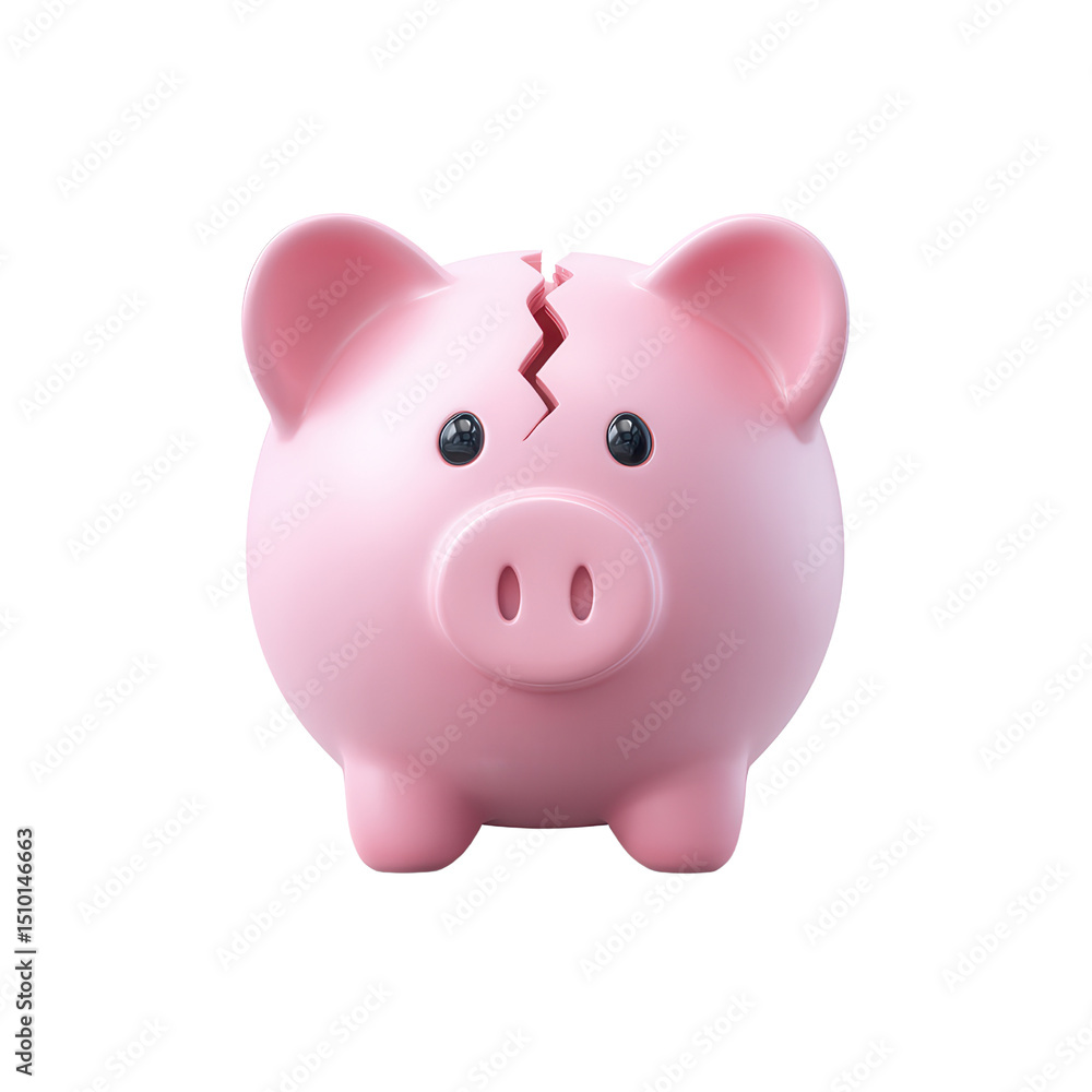 A pink piggy bank with a visible crack on its head. A pink piggy bank with a visible crack on its head.