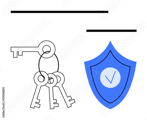 Keyring with three skeleton keys next to a blue shield with a checkmark. Ideal for data protection, cybersecurity, privacy, secure access, verification, safe storage, simple landing page