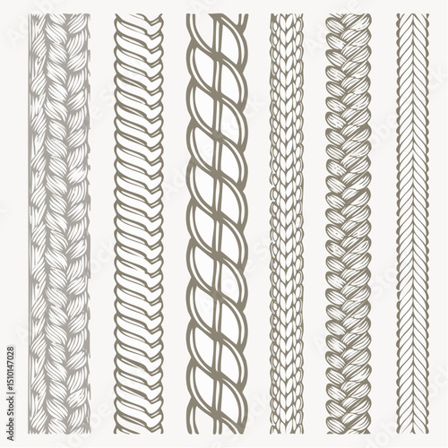 A detailed set of vertical braid and rope vector patterns in black and white, ideal for digital borders, craft templates, and trim designs.