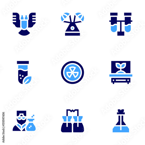 Science icon set. Bold style. Duotone colors. deformity, space capsule, test tube, tube, nuclear, incubator, scientist, flask, erlenmeyer