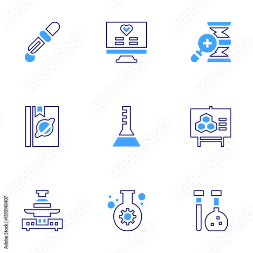 Science icon set. Bold line style. Duotone colors. Editable stroke. pipette, health, dna, book, flask, biology, weight scale, bioengineering, test tube
