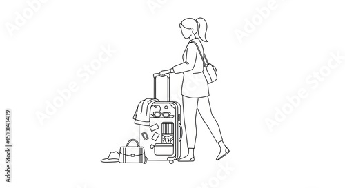 Young Woman with Suitcase and Travel Accessories in Casual Outfit Preparing for Trip