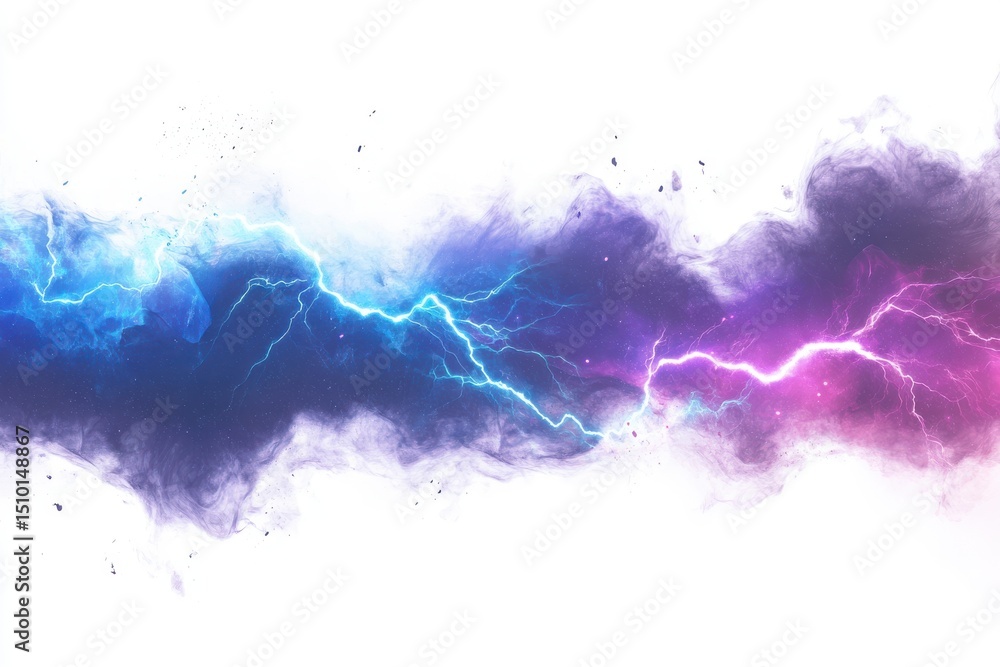 Obraz premium Row of abstract digital art of blue and red lightning streaks isolate on white background. A purple and blue line of lightning bolts.