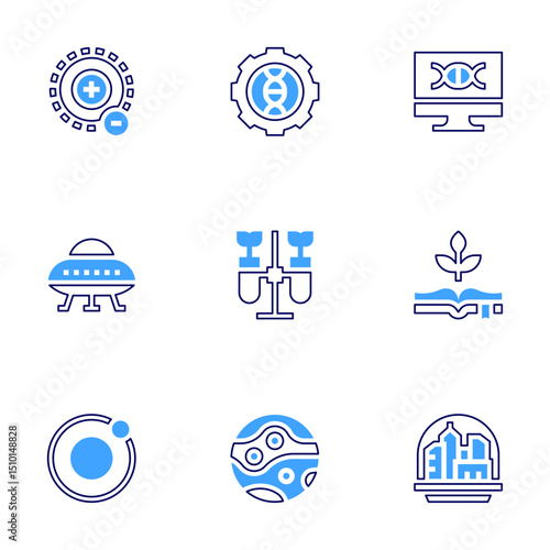 Science icon set. Bold line style. Duotone colors. Editable stroke. electron, genetic, dna, ufo, chemistry, botany, moon, mars, space colony