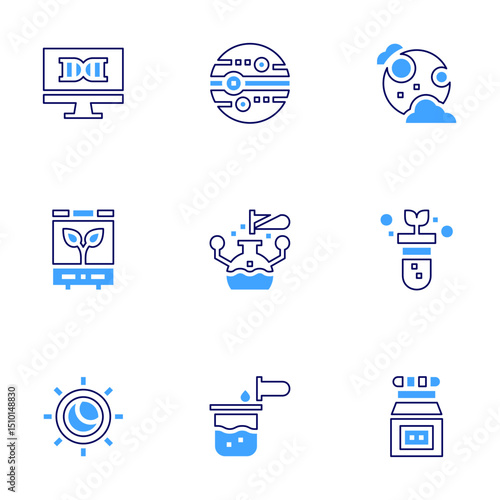 Science icon set. Bold line style. Duotone colors. Editable stroke. dna, neptune, full moon, incubator, research, gmo, eclipse, chemical, toxic chemical