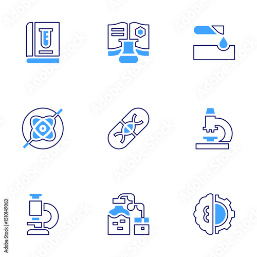 Science icon set. Bold line style. Duotone colors. Editable stroke. chemistry, book, corrosive, gyroscope, gene therapy, microscope, distilling
