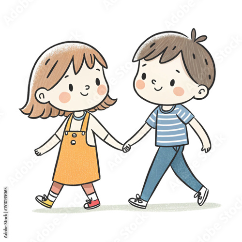 Cute children holding hands and going together vector , Valentine's Day white background 