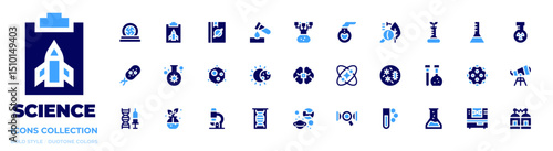 Science icon collection. Bold style. Duotone colors. portal, report, book, test tube, research, florence flask, botany, gmo, flask, microorganism, virus
