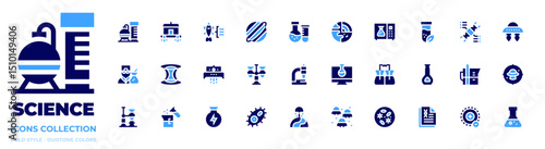 Science icon collection. Bold style. Duotone colors. nuclear, house, fish, saturn, laboratory, geology, microwave, tube, scientist, wormhole, ufo, flask, dna