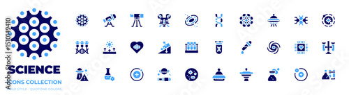 Science icon collection. Bold style. Duotone colors. hpv, telescope, space capsule, galaxy, dna, fat, ufo, molecule, solar system, genetic modification