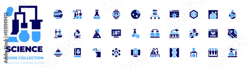 Science icon collection. Bold style. Duotone colors. mars, experiment, flask, ufo, moon, data science, idea, dna, underwater city, space colonization