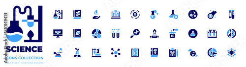 Science icon collection. Bold style. Duotone colors. lab, botany, sciences, laptop, black hole, science, chemical, virus, asteroid, swab, monitor, space, dna