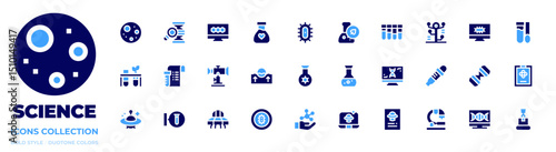 Science icon collection. Bold style. Duotone colors. full moon, adn, bond, flask, bacteria, biology, test tube, phylogenetics, cell, experiment, float, dna