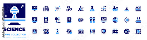 Science icon collection. Bold style. Duotone colors. dna structure, research center, planet, red blood cells, structure, ultra chlorine, genetic