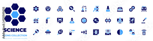 Science icon collection. Bold style. Duotone colors. cell, nucleotide, dna, chemistry, flask, test tubes, lunar module, observatory, test tube, virus