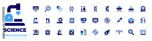 Science icon collection. Bold style. Duotone colors. bioinformatics, search, ufo, android, flask, dna, brain, microscope, friction, scientific, laptop