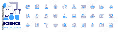 Science icon collection. Bold line style. Duotone colors. mars, experiment, flask, ufo, moon, data science, idea, dna, underwater city, space colonization