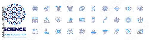 Science icon collection. Bold line style. Duotone colors. hpv, telescope, space capsule, galaxy, dna, fat, ufo, molecule, solar system, genetic modification
