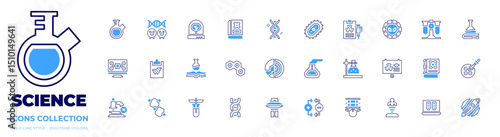 Science icon collection. Bold line style. Duotone colors. flask, cloning, incubator, science, dna, bacteria, alien, test tubes, digital services, chemistry