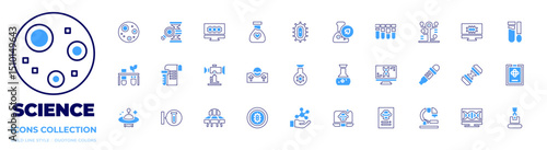 Science icon collection. Bold line style. Duotone colors. full moon, adn, bond, flask, bacteria, biology, test tube, phylogenetics, cell, experiment, float, dna