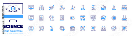 Science icon collection. Bold line style. Duotone colors. dna structure, research center, planet, red blood cells, structure, ultra chlorine, genetic
