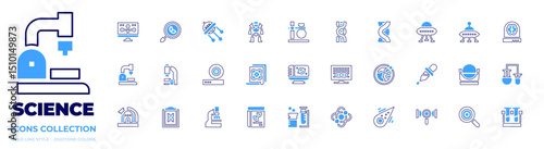 Science icon collection. Bold line style. Duotone colors. bioinformatics, search, ufo, android, flask, dna, brain, microscope, friction, scientific, laptop