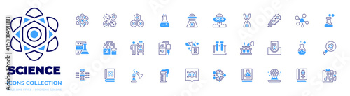 Science icon collection. Bold line style. Duotone colors. atom, blood cells, cell, flask, ufo, dna, bacteria, molecule, chemical, database, distilling, ph meter