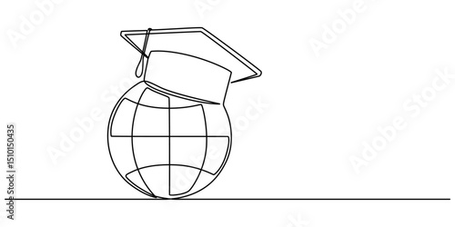 Continuous one Line Drawing of Graduation Globe, Earth globe with graduation hat. One line drawing of minimalist vector illustration design on white background. Isolated simple line modern graphic.