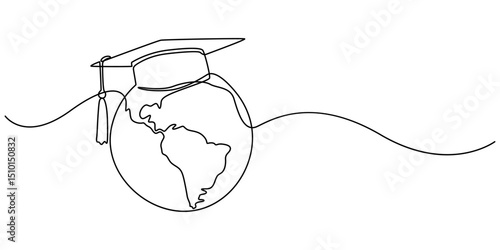 Continuous one Line Drawing of Graduation Globe, Earth globe with graduation hat. One line drawing of minimalist vector illustration design on white background. Isolated simple line modern graphic.