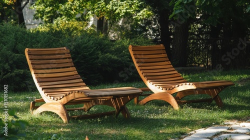 Fototapeta Naklejka Na Ścianę i Meble -  Set of wooden lounge chairs for summer seating