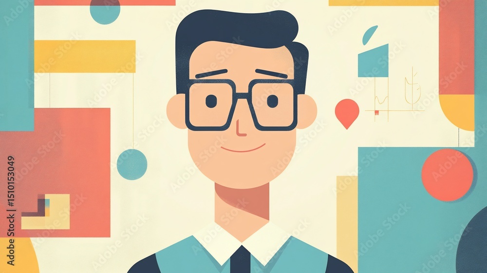 Modern portrait illustration of a man with glasses and colorful background Modern portrait illustration of a man with glasses and colorful background