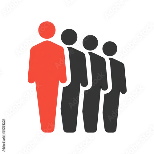 A red figure stands out in front of three black figures arranged in a row, symbolizing leadership or individuality.