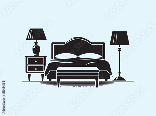 Bedside Table and Lamp with Bed in Black Silhouette

