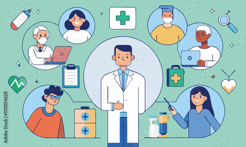 Medical team avatar icon set: diverse doctors and nurses with stethoscopes, communicating as a professional healthcare group