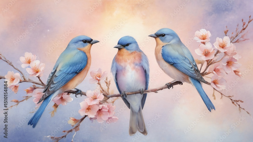 Obraz premium Three Colorful Bluebirds Resting Among Pink Blossoms on Spring Morning, A serene illustration of three vibrantly hued bluebirds perched on blooming cherry branches against a dreamy pastel sky backdrop