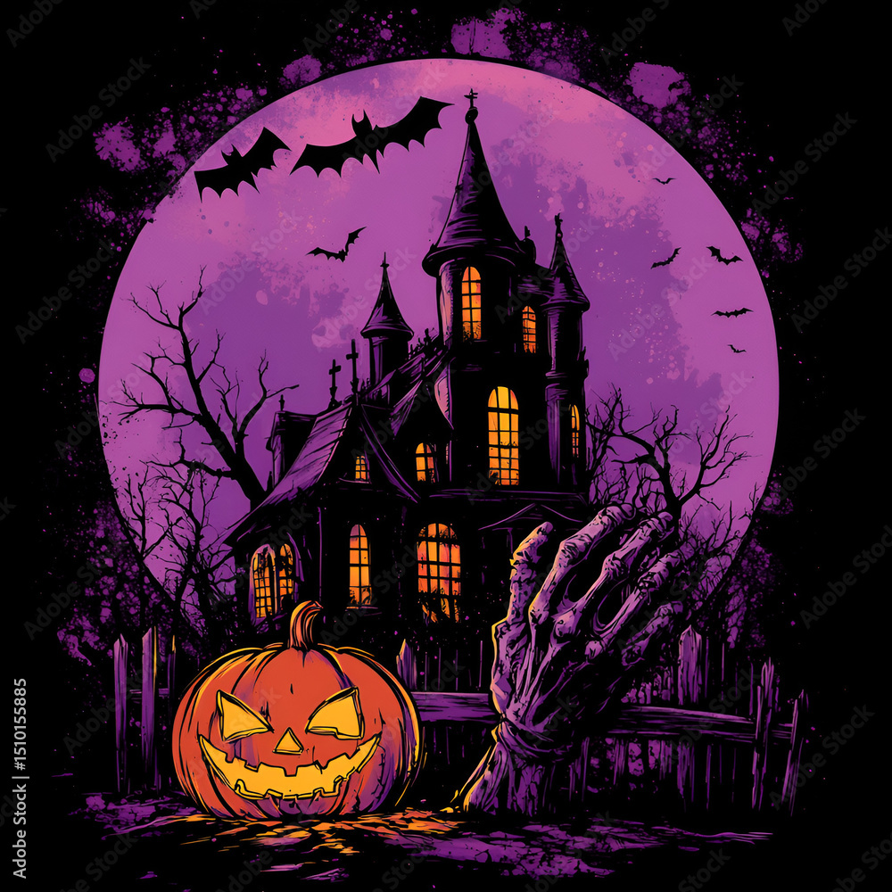 Fototapeta premium Spooky Halloween Haunted House With Zombie Hand And Pumpkin