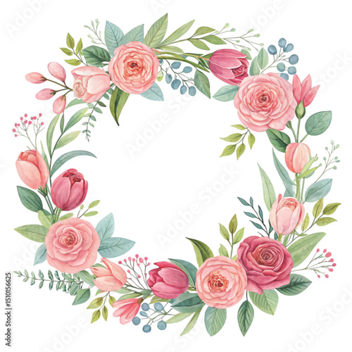 Decorative round floral frames made of blooming flowers hand drawn with contour lines on white background. 