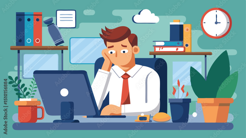Illustrated Depiction of an Overwhelmed Professional in an Office Workspace With Desk and Accessories Illustrated Depiction of an Overwhelmed Professional in an Office Workspace With Desk and Accessories