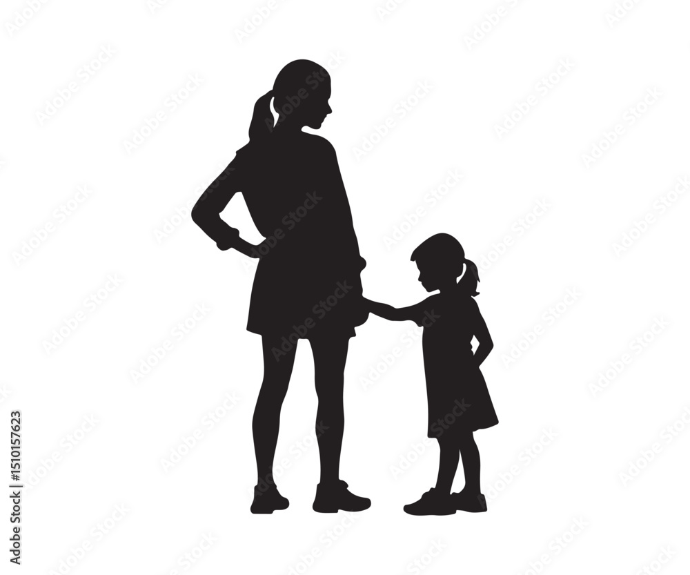 Two vector representations of a woman and a child. A little girl stands in front of her mother, who is bending down. White background
Two vector representations of a woman and a child. A little girl stands in front of her mother, who is bending down. White background