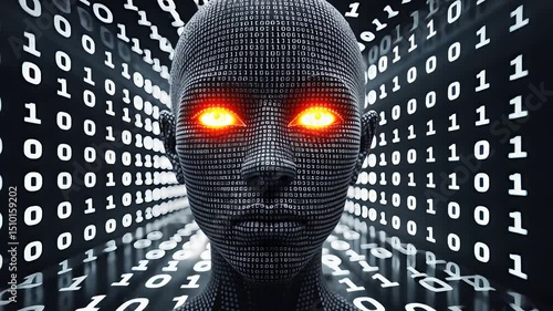 Digital humanoid face with glowing orange eyes surrounded by binary code in a dark virtual environment, representing artificial intelligence

