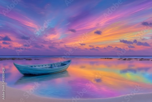 Serene Sunset  Boat on Calm Ocean Beach  Colorful Sky