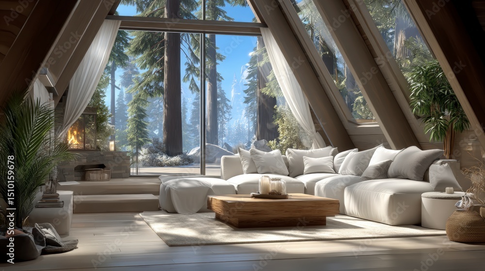 Fototapeta premium Modern A Frame Cabin Interior Cozy Winter Retreat