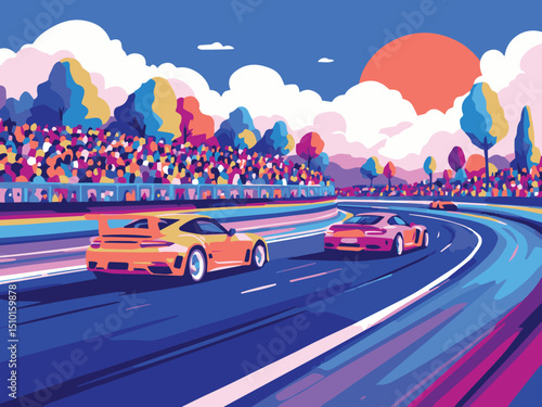 Car Race with Spectators – Motorsports Track Illustration

