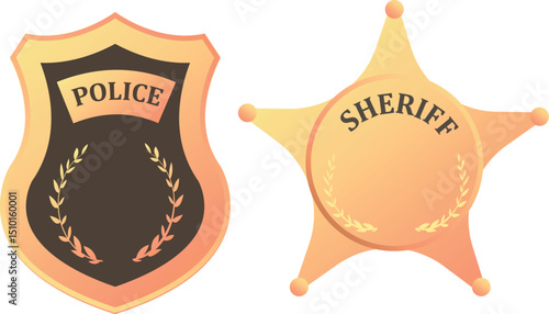 Vector badges of police and sheriff in gold and brown tones with laurel wreaths on transparent background, concept of law enforcement and authority