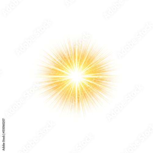 A glowing golden explosion with shimmering rays diverging diagonally on a transparent background.