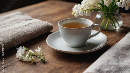 Aesthetic Morning Light on Tea Cup and Flowers by the Window