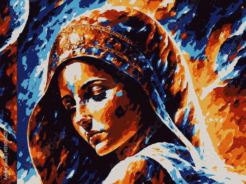 Mujer en primer plano con velo en la cabeza, abstracto, 10 colores,  Virgo