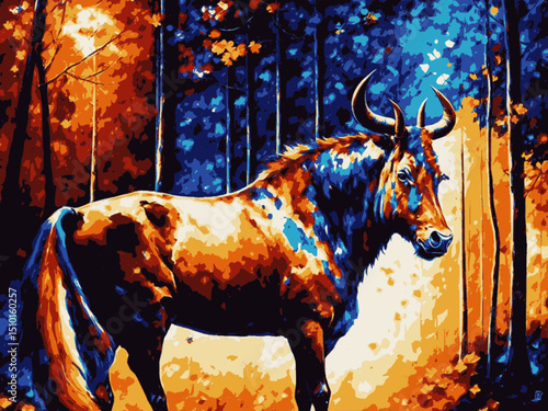 Un toro en un campo pastando, abstracto, 10 colores, taurus