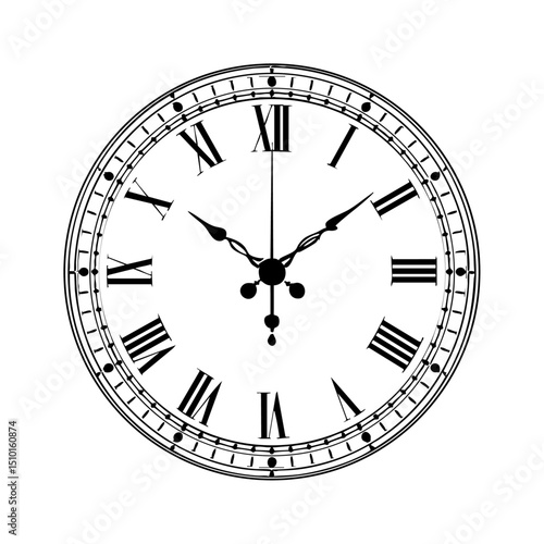 Black and white vector of an antique clock face with roman numerals, representing time, tradition, and elegance.

